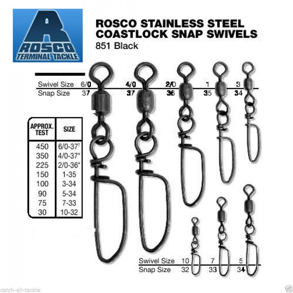 ROSCO BLACK COASTLOCK SNAP SWIVEL Size 10-30lb Test Pack of 2 Swivels RCS-10BL 